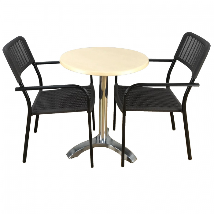 Set 2 scaune CAMPMAN cu brate, maro, masa rotunda D60cm AGMA HORECA MAPLE cu blat werzalit si picior aluminiu