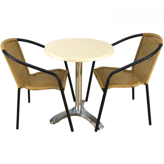 Set cafenea, masa rotunda D60cm AGMA HORECA MAPLE cu blat werzalit si picior aluminiu, 2 scaune TORO PVC ratan