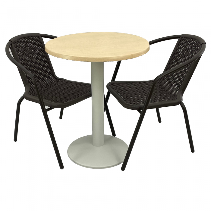 Set 2 scaune CAMPMAN maro cu masa rotunda D60cm AGMA HORECA MAPLE cu blat werzalit si baza metalica alba