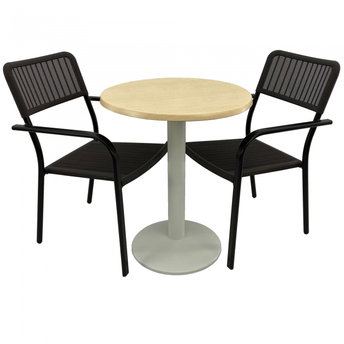 Set 2 scaune CAMPMAN cu brate, maro, masa rotunda D60cm AGMA HORECA MAPLE cu blat werzalit si baza metalica alba