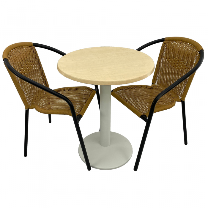 Set cafenea, masa rotunda D60cm AGMA HORECA MAPLE cu blat werzalit si baza metalica alba, 2 scaune TORO PVC ratan