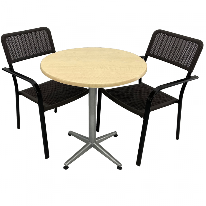 Set 2 scaune CAMPMAN cu brate, maro, masa rotunda D70cm AGMA HORECA MAPLE cu blat werzalit si baza gri clasic