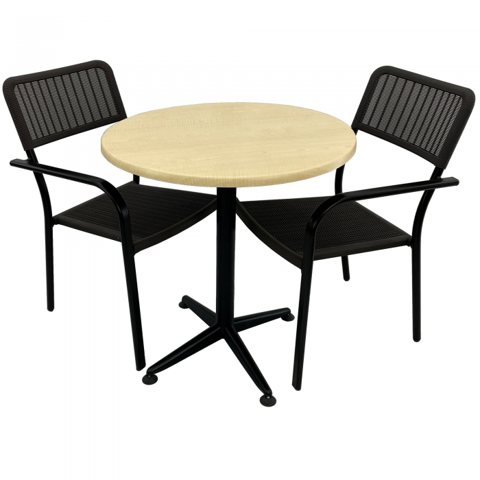 Set 2 scaune CAMPMAN cu brate, maro, masa rotunda D70cm AGMA HORECA MAPLE cu blat werzalit si baza culoare negru clasic