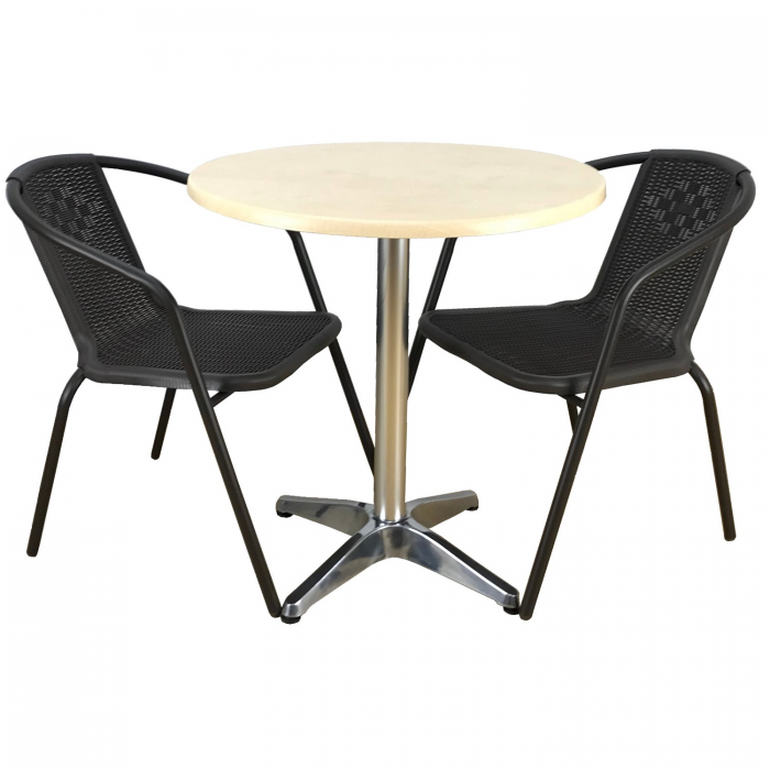 Set 2 scaune CAMPMAN maro cu masa rotunda D70cm AGMA HORECA MAPLE cu blat werzalit si baza aluminiu