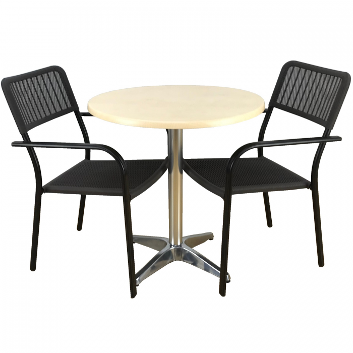 Set 2 scaune CAMPMAN cu brate, maro, masa rotunda D70cm AGMA HORECA MAPLE cu blat werzalit si baza aluminiu