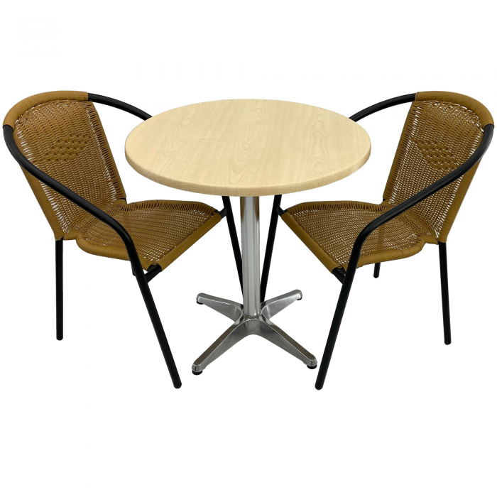 Set cafenea, masa rotunda D70cm AGMA HORECA MAPLE cu blat werzalit si baza aluminiu, 2 scaune TORO PVC ratan