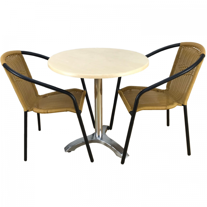 Set cafenea, masa rotunda D70cm AGMA HORECA MAPLE cu blat werzalit si picior aluminiu, 2 scaune TORO PVC ratan