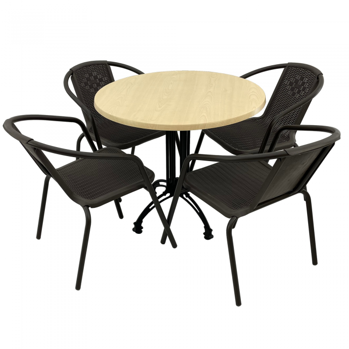 Set 4 scaune CAMPMAN maro cu masa rotunda D80cm AGMA HORECA MAPLE cu blat werzalit si picior negru retro