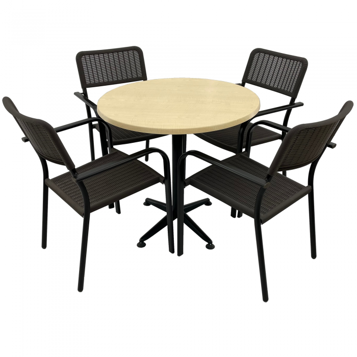 Set 4 scaune CAMPMAN cu brate, maro, masa rotunda D80cm AGMA HORECA MAPLE cu blat werzalit si baza culoare negru clasic