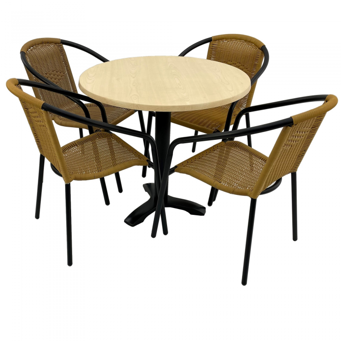 Set cafenea, masa rotunda D80cm AGMA HORECA MAPLE cu blat werzalit si picior metalic negru, 4 scaune TORO PVC ratan