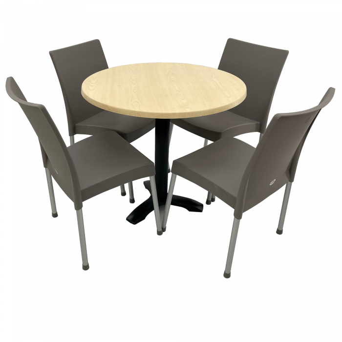 Set mobila terasa, 4 scaune ASOS gri si masa rotunda D80cm AGMA HORECA MAPLE cu blat werzalit si picior metalic negru