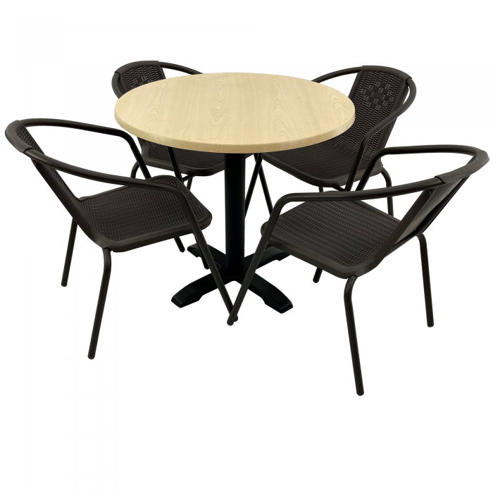 Set 4 scaune CAMPMAN maro cu masa rotunda D80cm AGMA HORECA MAPLE cu blat werzalit si baza neagra metalica