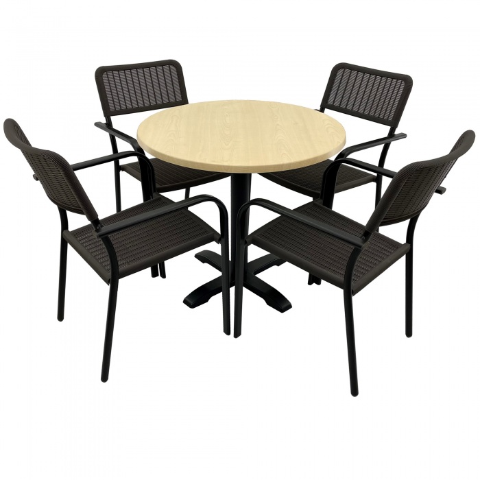 Set 4 scaune CAMPMAN cu brate, maro, masa rotunda D80cm AGMA HORECA MAPLE cu blat werzalit si baza neagra metalica