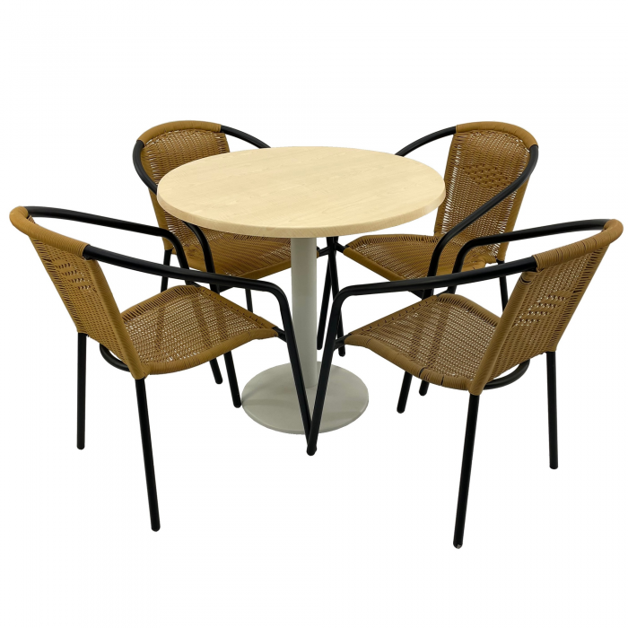 Set cafenea, masa rotunda D80cm AGMA HORECA MAPLE cu blat werzalit si baza metalica alba, 4 scaune TORO PVC ratan