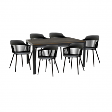 Set pentru curte/gradina/terasa RAKI VIDEIRA, masa maro 156x78xh74cm cu 6 scaune FLORIDA 53х59хh81,5cm negre, plastic/metal