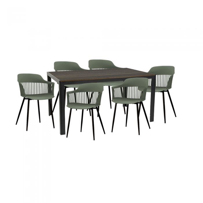 Set pentru curte/gradina/terasa RAKI VIDEIRA, masa maro 156x78xh74cm cu 6 scaune FLORIDA 53х59хh81,5cm culoare verde/negru, plastic/metal