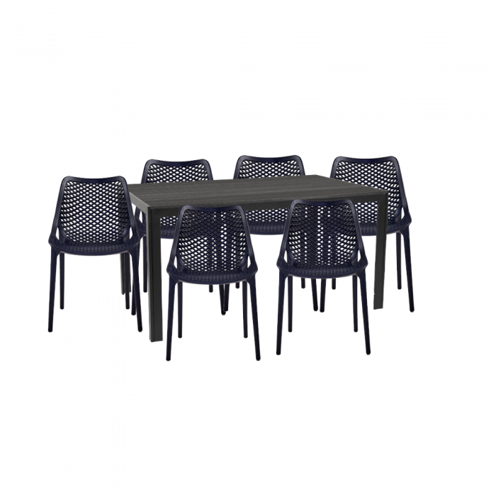Mobila pentru gradina/terasa RAKI OKLAN, masa dreptunghiulara neagra 156x78xh74cm si 6 scaune LONDON AIR 61x51xh82cm negre, plastic/metal