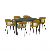 Set pentru curte/gradina/terasa RAKI VIDEIRA, masa neagra 156x78xh74cm cu 6 scaune FLORIDA 53х59хh81,5cm culoare galben/negru, plastic/metal