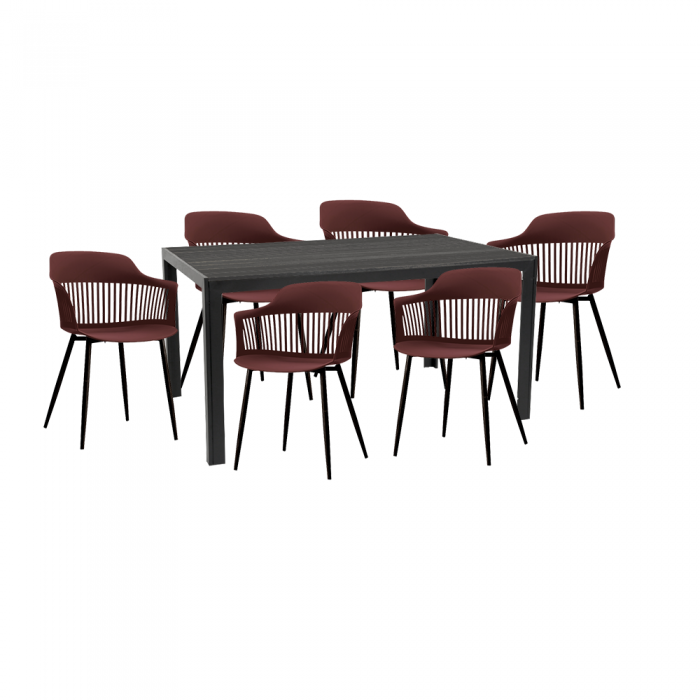 Set pentru curte/gradina/terasa RAKI VIDEIRA, masa neagra 156x78xh74cm cu 6 scaune FLORIDA 53х59хh81,5cm culoare mov/negru, plastic/metal