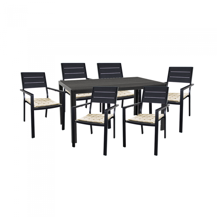 Set mobilier terasa/gradina RAKI CANGUSU, masa dreptunghiulara 156x78xh74cm si 6 scaune cu perne, culoare neagra, plastic/metal