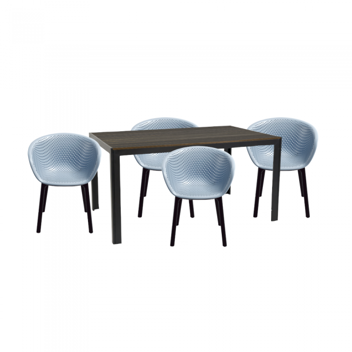 Set mobilier pentru gradina/terasa RAKI MACIAH, masa maro 156x76xh74cm si 4 scaune HAVANA 61x64xh74cm albastre, plastic/metal
