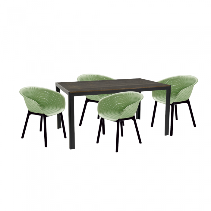 Set mobilier pentru gradina/terasa RAKI MACIAH, masa maro 156x76xh74cm si 4 scaune HAVANA 61x64xh74cm verzi, plastic/metal