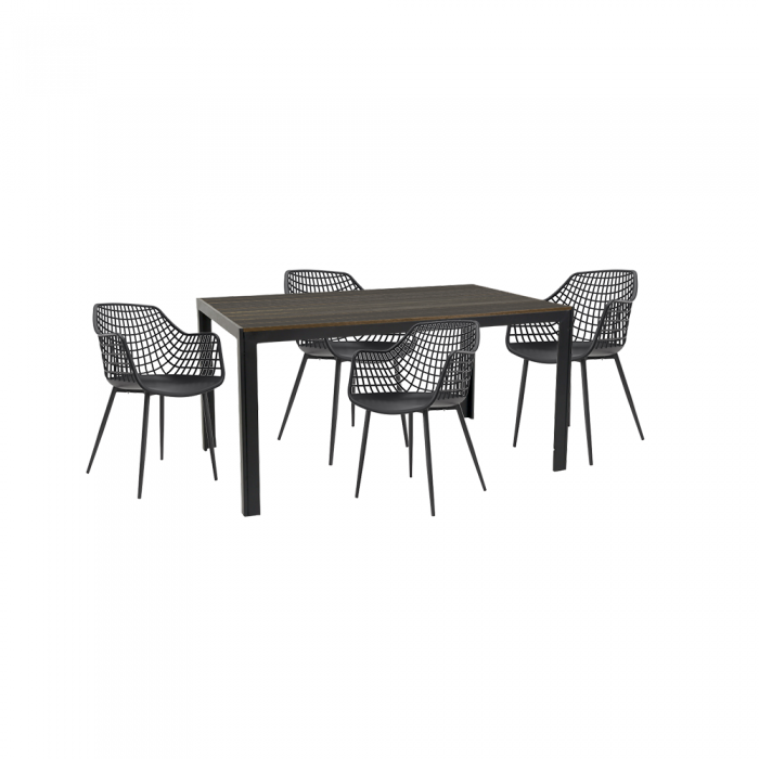 Set mobila de exterior/gradina RAKI KUTANA, masa dreptunghiulara maro 156x78xh74cm cu 4 scaune TOYAMA 56х57хh84cm negre, plastic/metal