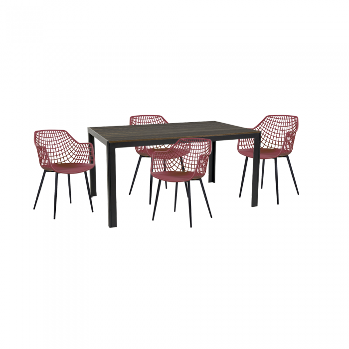 Set mobila de exterior/gradina RAKI KUTANA, masa dreptunghiulara maro 156x78xh74cm cu 4 scaune TOYAMA 56х57хh84cm culoare mov/negru, plastic/metal
