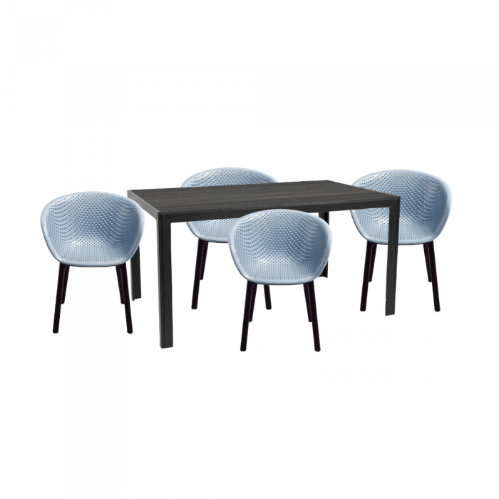 Set mobilier pentru gradina/terasa RAKI MACIAH, masa neagra 156x76xh74cm si 4 scaune HAVANA 61x64xh74cm albastre, plastic/metal