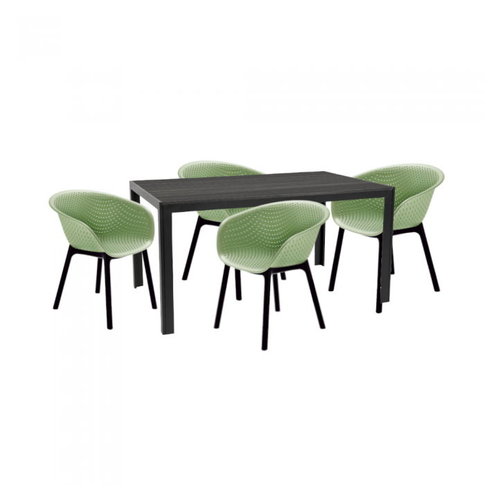 Set mobilier pentru gradina/terasa RAKI MACIAH, masa neagra 156x76xh74cm si 4 scaune HAVANA 61x64xh74cm verzi, plastic/metal