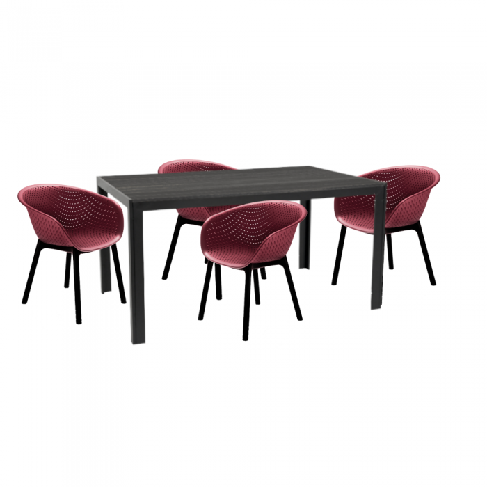 Set mobilier pentru gradina/terasa RAKI MACIAH, masa neagra 156x76xh74cm si 4 scaune HAVANA 61x64xh74cm bordo, plastic/metal