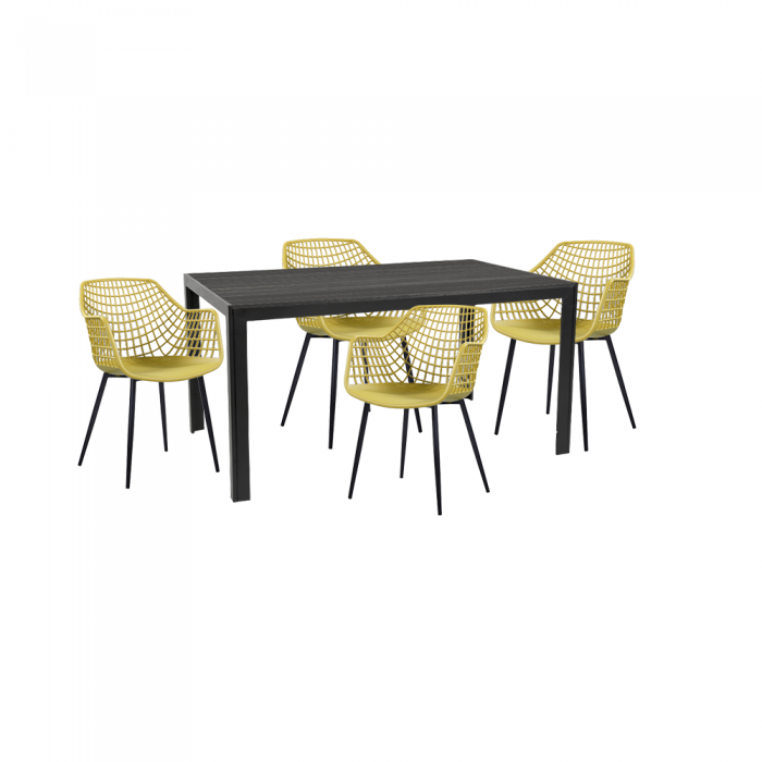 Set mobila de exterior/gradina RAKI KUTANA, masa dreptunghiulara neagra 156x78xh74cm cu 4 scaune TOYAMA 56х57хh84cm culoare galben/negru, plastic/metal