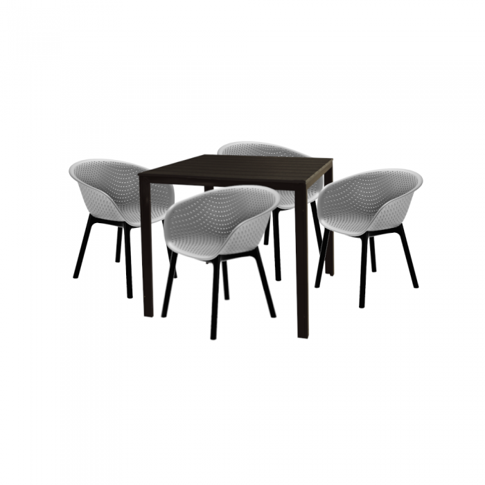 Set mobila pentru gradina/terasa RAKI MACIAH, masa patrata maro 78x78xh74cm si 4 scaune HAVANA 61x64xh74cm gri, plastic/metal