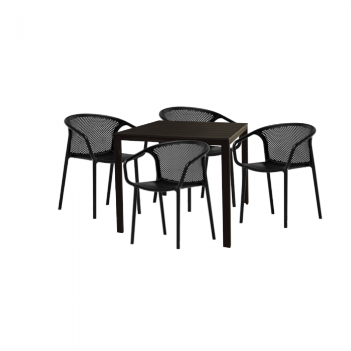 Set mobilier gradina terasa RAKI CHAPEKO, masa patrata maro 78x78xh74cm cu 4 scaune CHICAGO 57x57xh77cm negre, plastic/metal