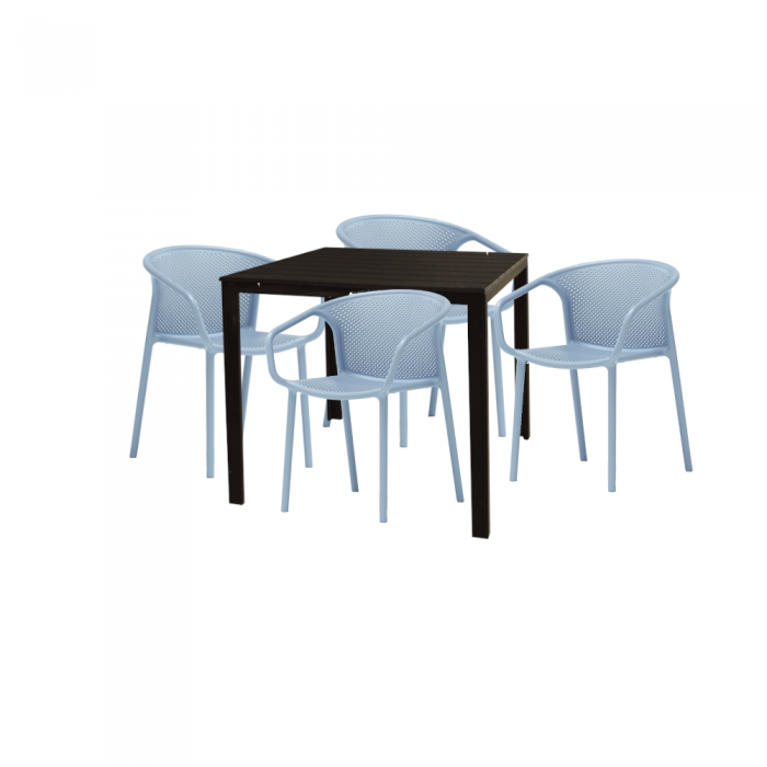Set mobilier gradina terasa RAKI CHAPEKO, masa patrata maro 78x78xh74cm cu 4 scaune CHICAGO 57x57xh77cm albastre, plastic/metal