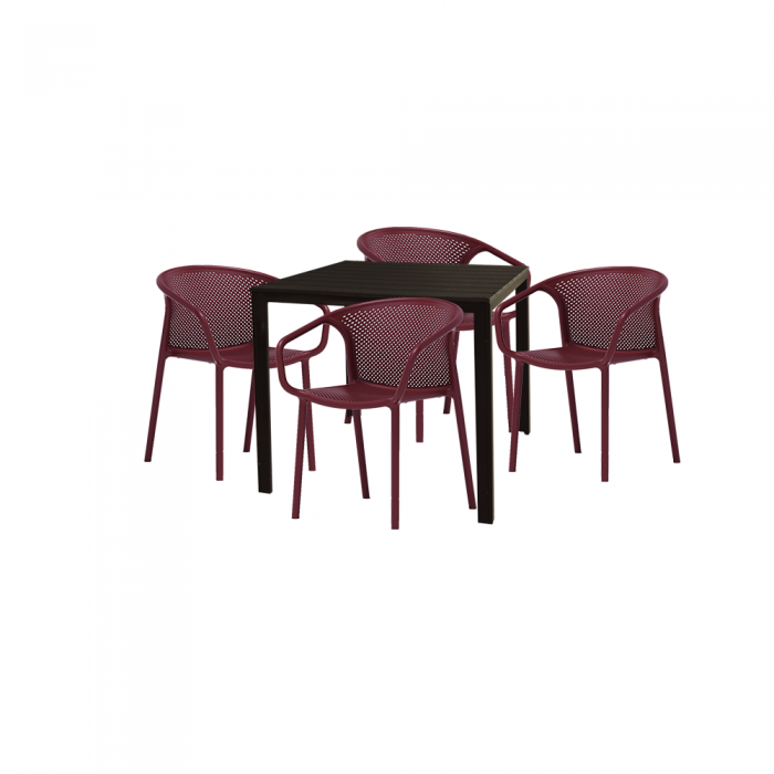 Set mobilier gradina terasa RAKI CHAPEKO, masa patrata maro 78x78xh74cm cu 4 scaune CHICAGO 57x57xh77cm bordo, plastic/metal