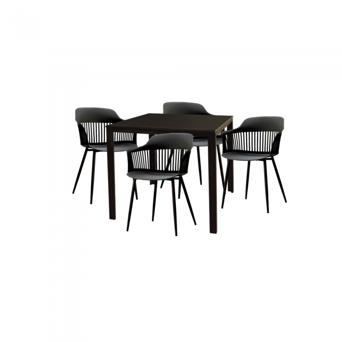 Set pentru curte/gradina/terasa RAKI VIDEIRA, masa maro 78x78xh74cm cu 4 scaune FLORIDA 53х59хh81,5cm negre, plastic/metal
