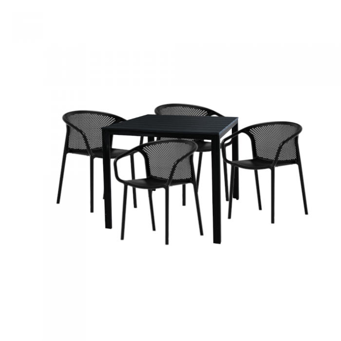 Set mobilier gradina terasa RAKI CHAPEKO, masa patrata neagra 78x78xh74cm cu 4 scaune CHICAGO 57x57xh77cm negre, plastic/metal