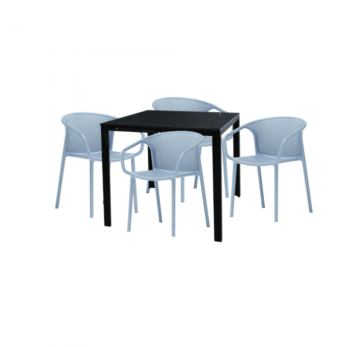 Set mobilier gradina terasa RAKI CHAPEKO, masa patrata neagra 78x78xh74cm cu 4 scaune CHICAGO 57x57xh77cm albastre, plastic/metal