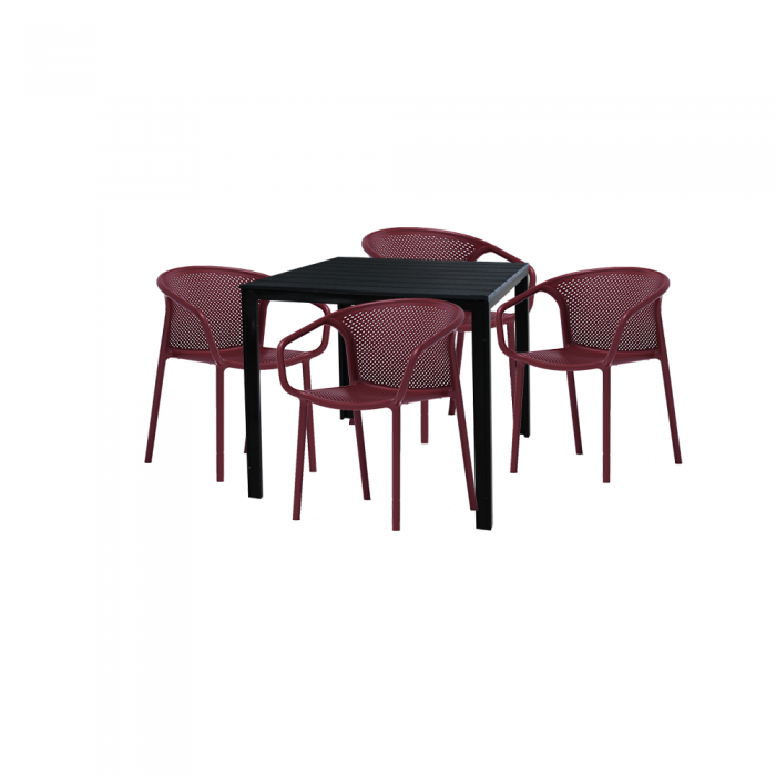 Set mobilier gradina terasa RAKI CHAPEKO, masa patrata neagra 78x78xh74cm cu 4 scaune CHICAGO 57x57xh77cm bordo, plastic/metal