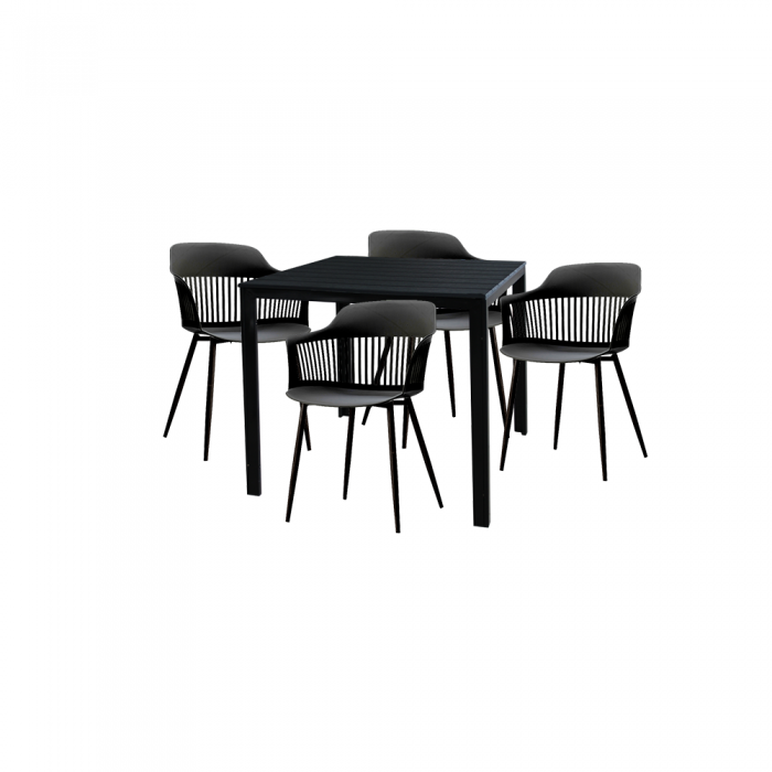 Set pentru curte/gradina/terasa RAKI VIDEIRA, masa neagra 78x78xh74cm cu 4 scaune FLORIDA 53х59хh81,5cm negre, plastic/metal
