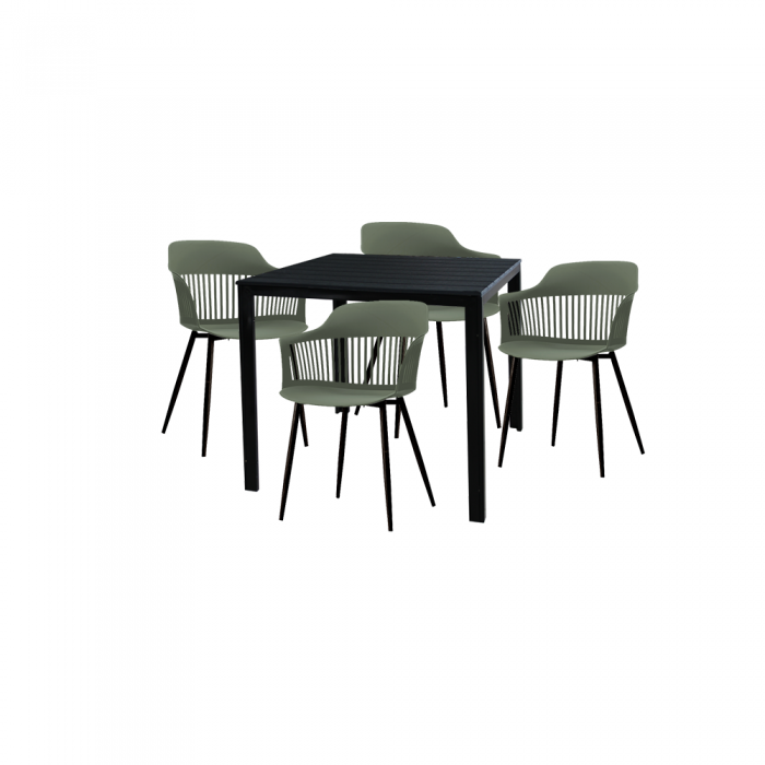 Set pentru curte/gradina/terasa RAKI VIDEIRA, masa neagra 78x78xh74cm cu 4 scaune FLORIDA 53х59хh81,5cm culoare verde/negru, plastic/metal