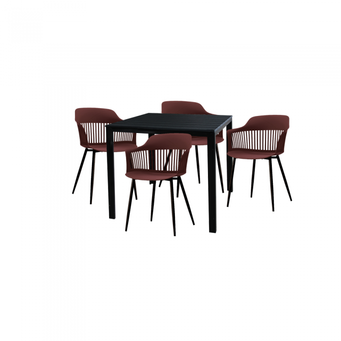Set pentru curte/gradina/terasa RAKI VIDEIRA, masa neagra 78x78xh74cm cu 4 scaune FLORIDA 53х59хh81,5cm culoare mov/negru, plastic/metal