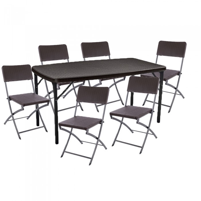 Set mobilier gradina RAKI masa 151,8x83,5xh73cm cu 6 scaune pliante 57x44,5xh80,5cm, aspect ratan, maro
