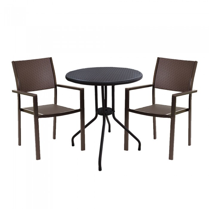 Set mobila pentru balcon RAKI masa D60xh74cm si 2 scaune cu brate, polyratan maro