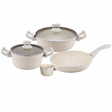 Set de gatit 6 piese Hascevher Germanitium oala 3l cu capac, cratita 3,9l cu capac, tigaie 22cm granit-crem, ibric