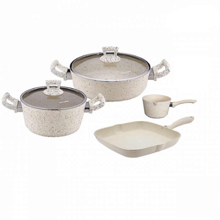 Set oale si tigai 6 piese Hascevher Germanitium oala 3l cu capac, cratita 3,9l cu capac, tigaie grill 28cm granit-crem, ibric