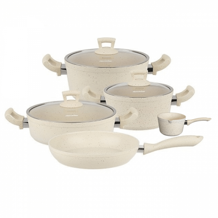 Set oale si tigai 8 piese Hascevher Germanitium 2 oale 3l si 4,9l cu capac, cratita 3,9l cu capac, tigaie 22cm granit-crem, ibric