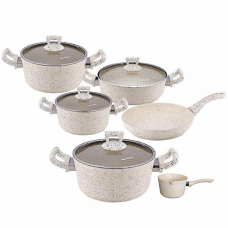 Set de gatit oale si tigai 10 piese Hascevher Germanitium 3 oale 3l, 4l si 4,9l cu capac, cratita 3,9l cu capac, tigaie 22cm granit-crem, ibric
