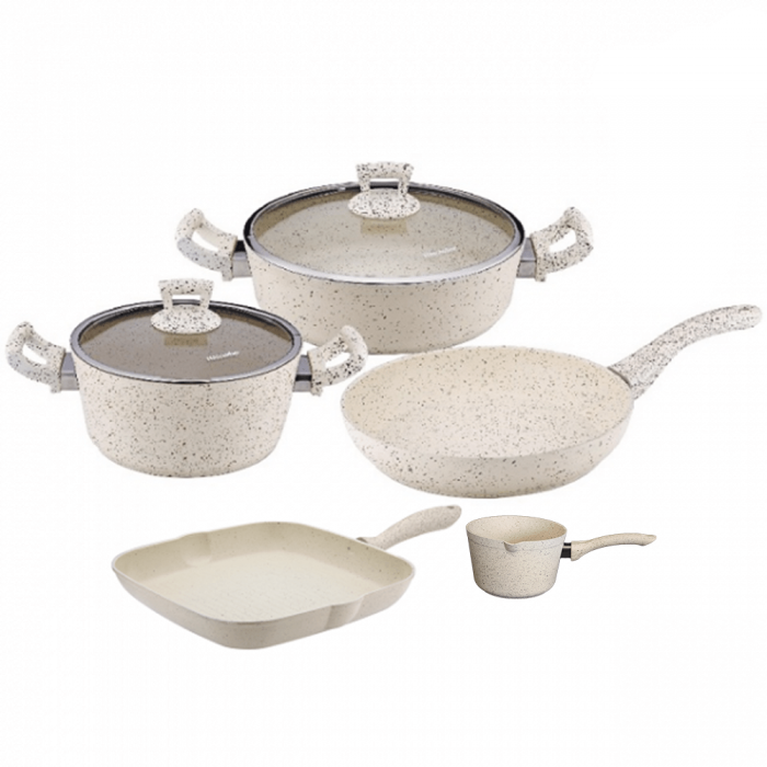 Set de gatit 7 piese Hascevher Germanitium oala 3l cu capac, cratita 3,9l cu capac, 2 tigai 22cm si 26cm granit-crem, ibric